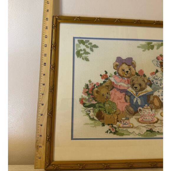 Framed Vintage Dimensions Teddy Bear Tea Party Cross-Stitch Whimsical Nursery - Picture 3 of 4